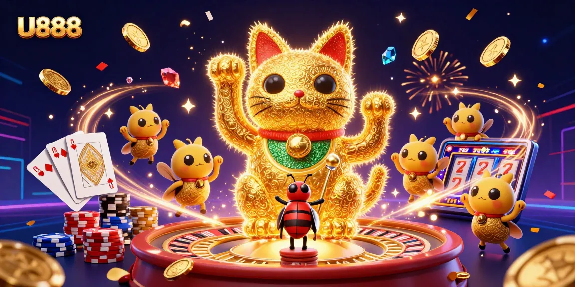 Experience the excitement of U888's casino world with a vibrant illustration featuring lucky symbols and festive elements.