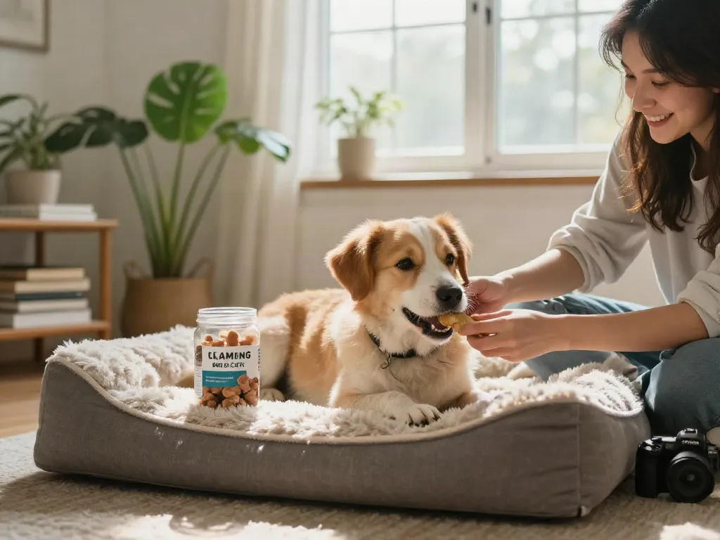 Calming Dog Treats offered to a happy dog in a cozy home setting.
