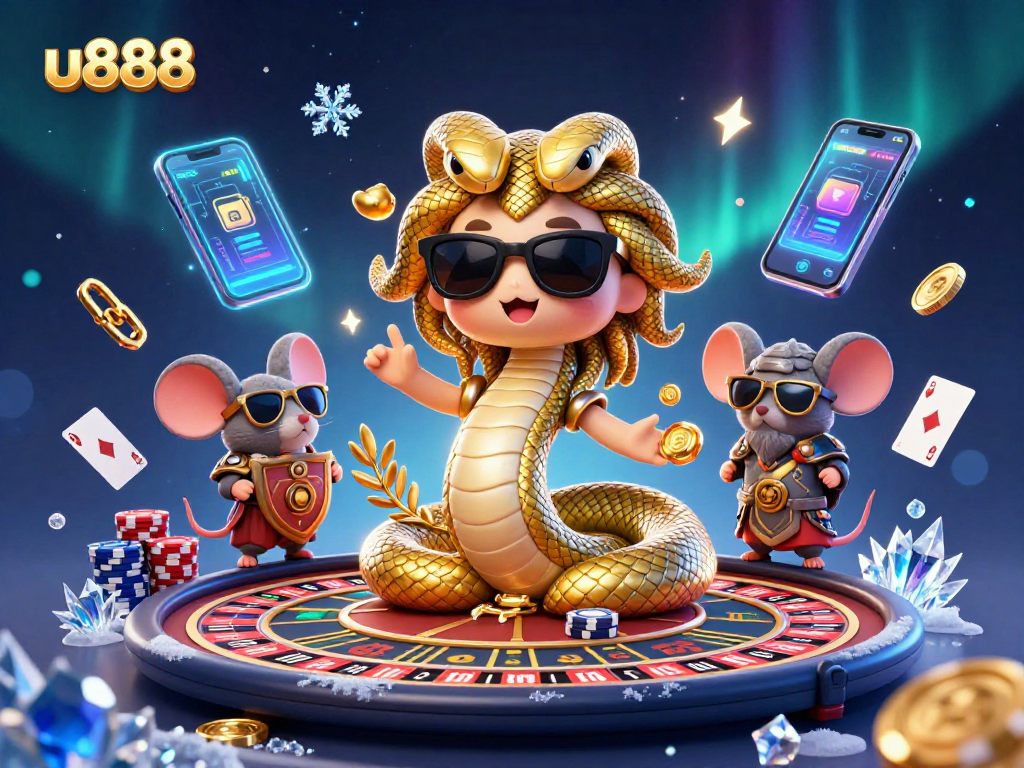 Join the excitement at u888 with Medusa and a warrior mouse in this lively casino scene.