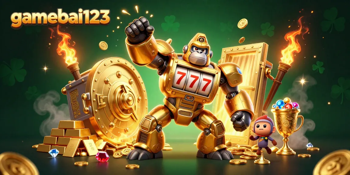 Experience exciting gameplay with gamebai123's golden gorilla mech and treasure elements