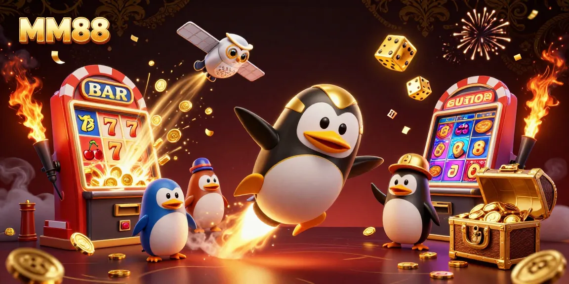Engage with MM88 in this vibrant 3D illustration showing a golden penguin heading to a casino.
