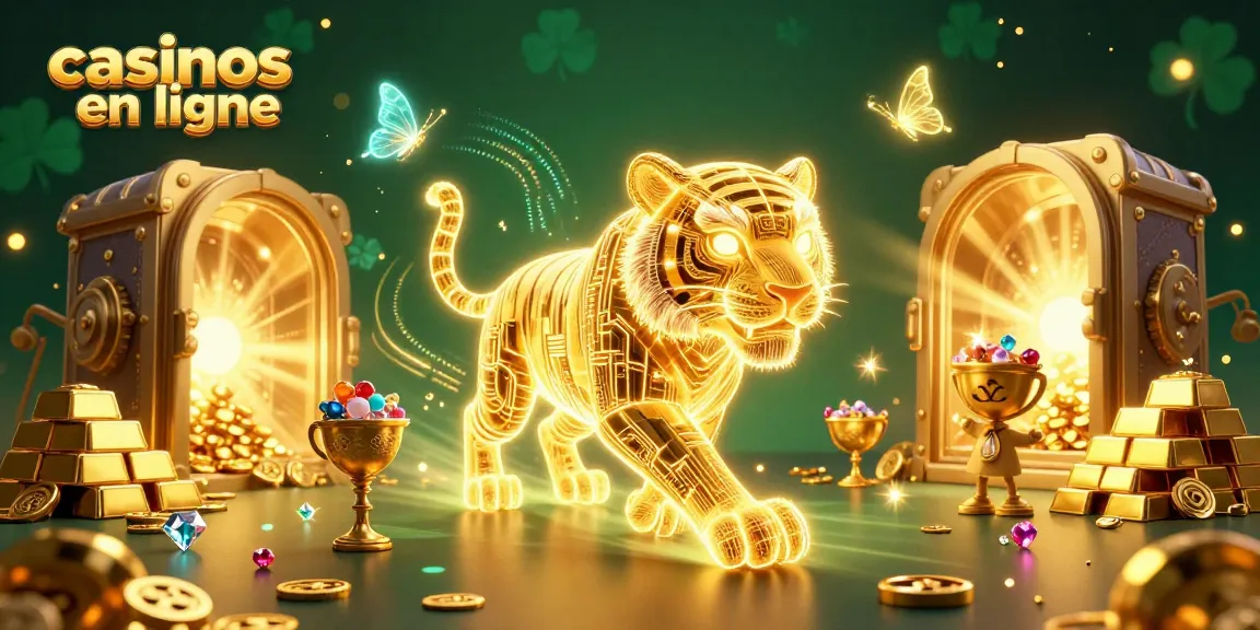 Visuel dynamique des casinos en ligne avec un tigre en fil de néon et des trésors scintillants.