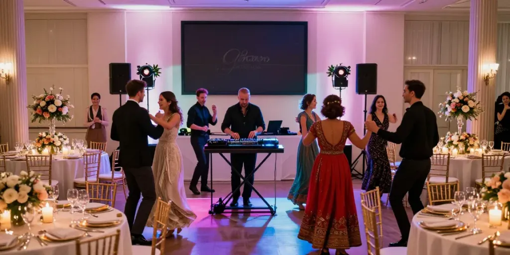 Hochzeit DJ Berlin Brandenburg in festlicher Atmosphäre mit tanzenden Gästen und eleganter Dekoration.