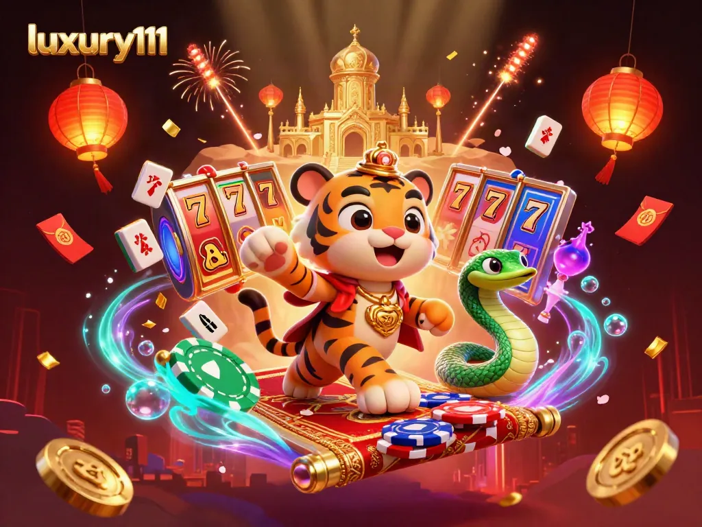 Experience luxury111's thrilling slot games with vibrant illustrations of winning symbols and immersive action.
