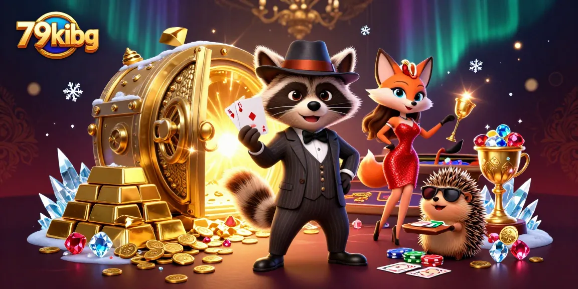 Experience the vibrant energy of a casino scene with 79kibg featuring a suave raccoon, elegant fox, and strong hedgehog.