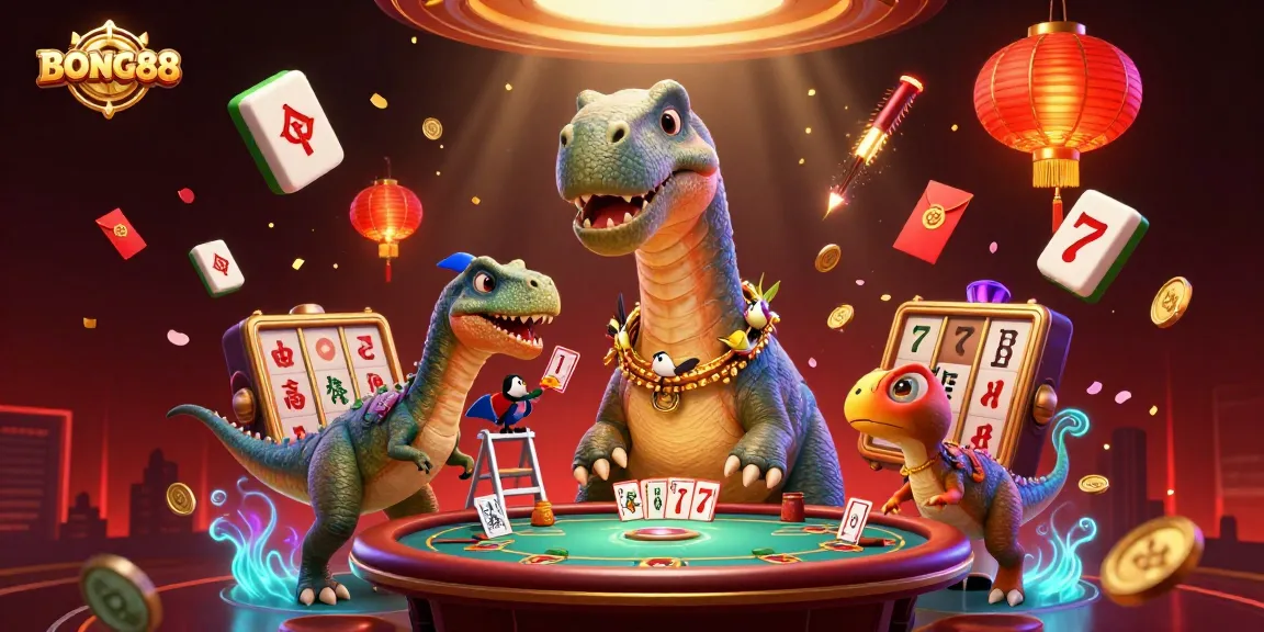 BONG88 showcases a whimsical casino scene featuring a gigantic brontosaurus and clever raptor amidst vibrant game elements.