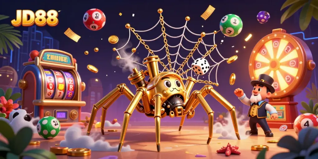 Experience the thrill of JD88 with a dynamic gambling illustration featuring steampunk elements and colorful lottery games.