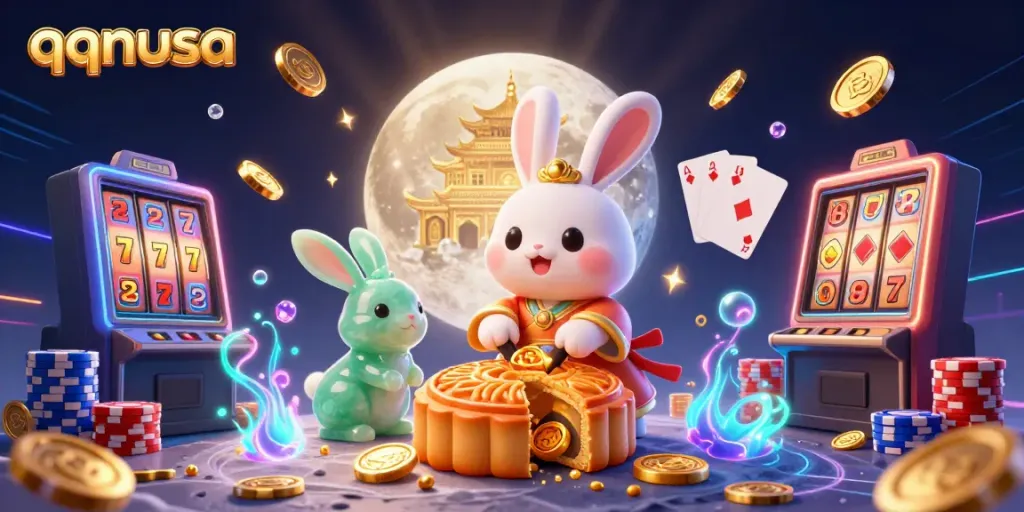 Experience qqnusa's vibrant casino excitement with a whimsical moon rabbit and treasure.
