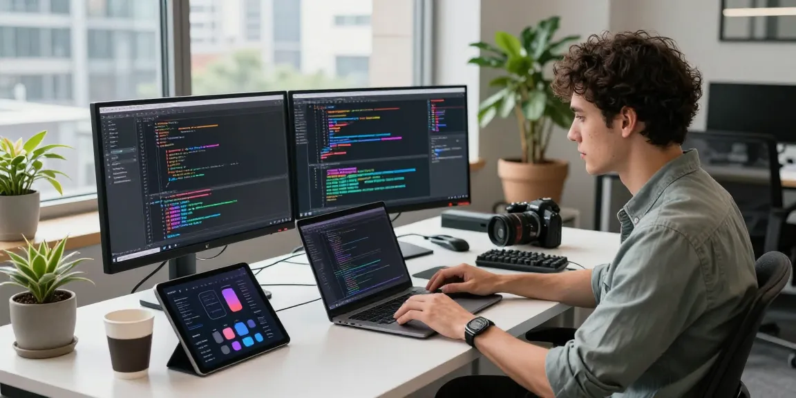 Developer coding with cika4d on dual monitors in a bright office filled with tech gadgets.