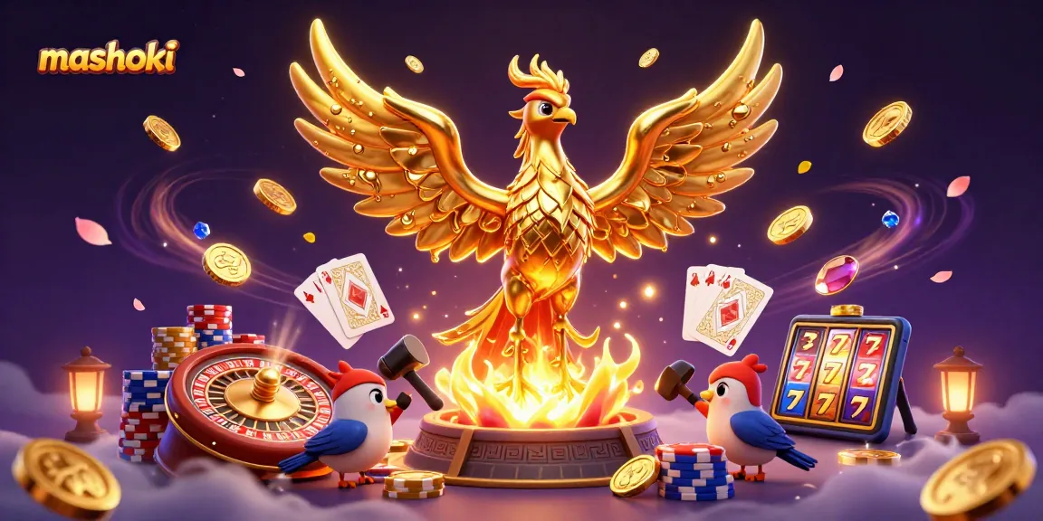 Experience the thrill of mashoki as golden coins cascade from a molten phoenix in this vibrant casino scene.