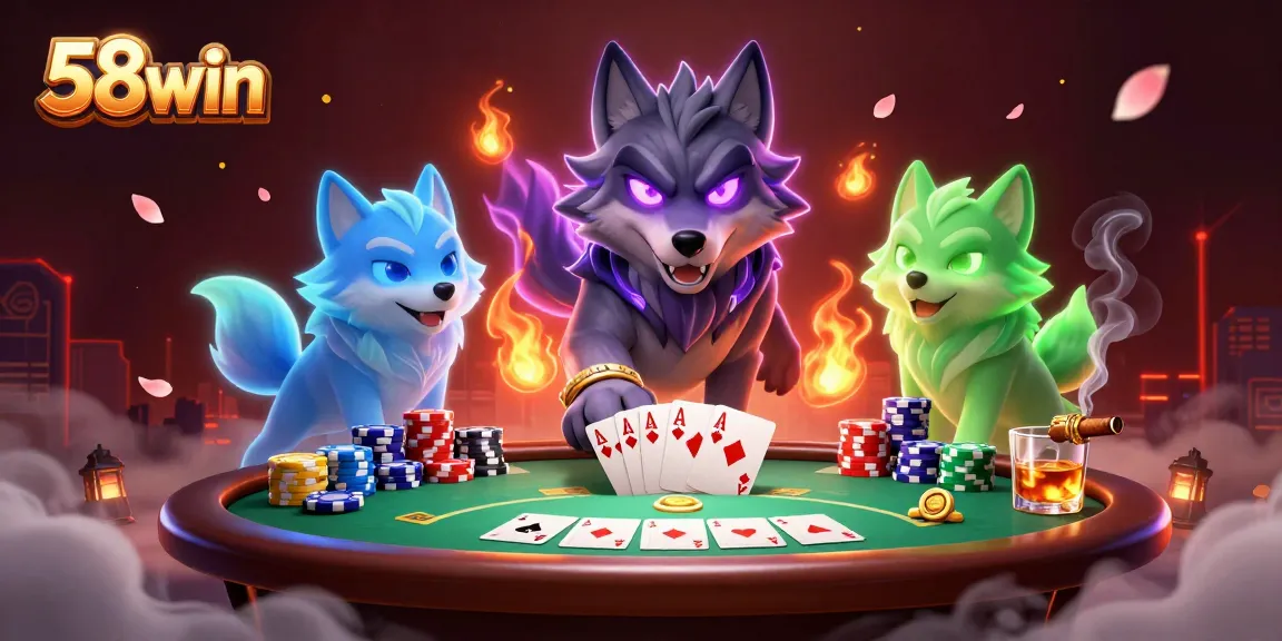 Experience thrilling gameplay at 58win with vibrant 3D casino wolves amidst poker action.
