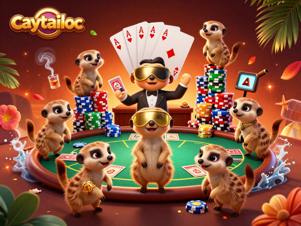 caytailoc meerkats manage a lively casino, showcasing colorful poker chips and game action.