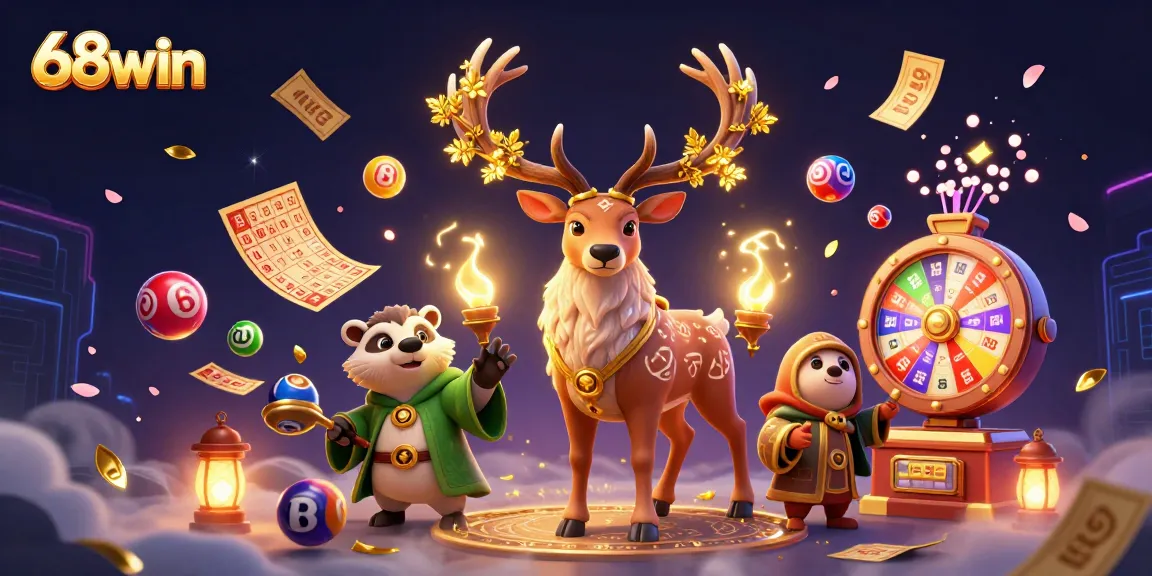 Experience gaming excitement with 68win's magical illustration featuring a druid stag and lottery elements.