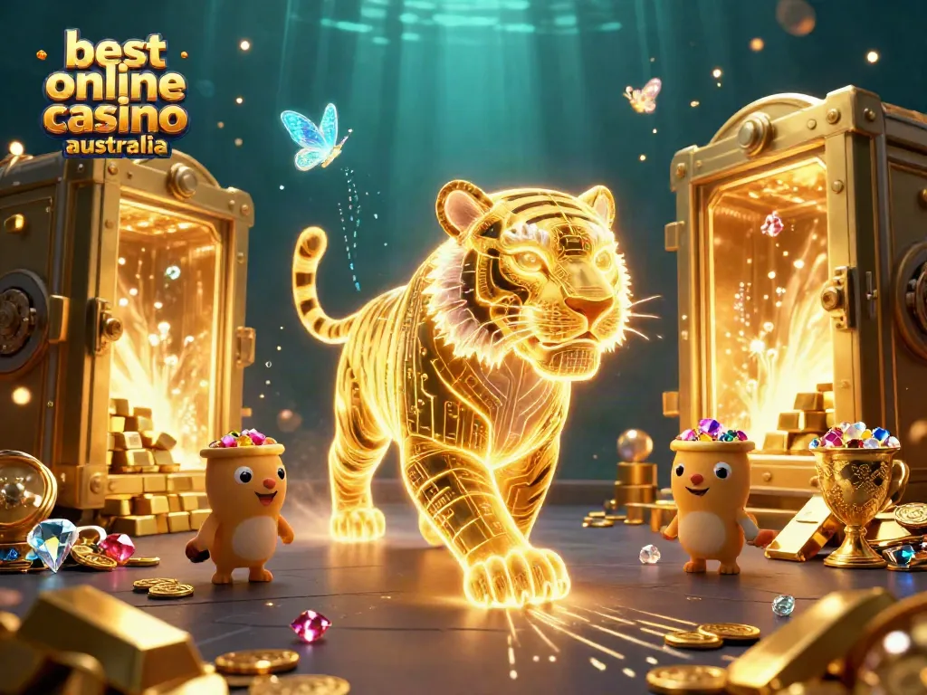Experience the excitement of the best online casino Australia with a golden tiger amidst glowing treasures.
