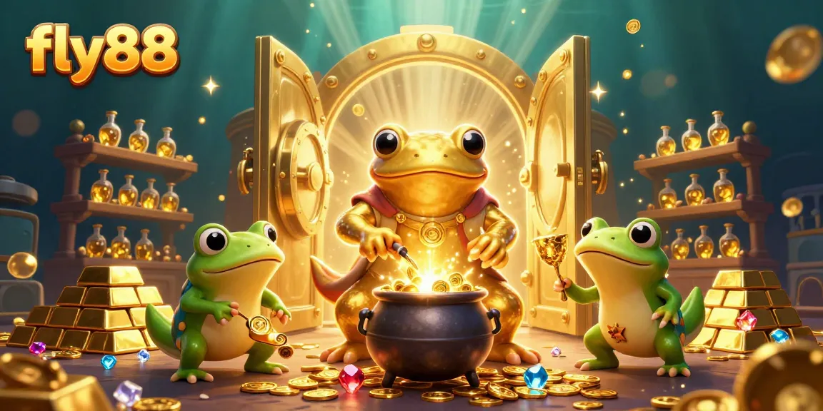 Experience the magic of fly88 with vibrant golden coins and lively characters in a magical casino scene.