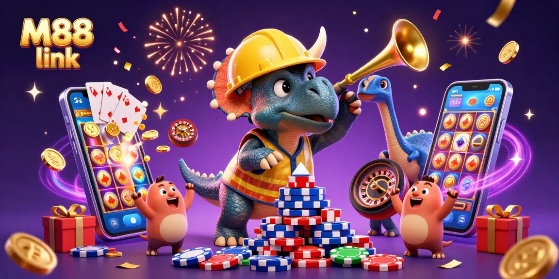 Play exciting games at M88 link, celebrating wins with vibrant characters and casino elements.