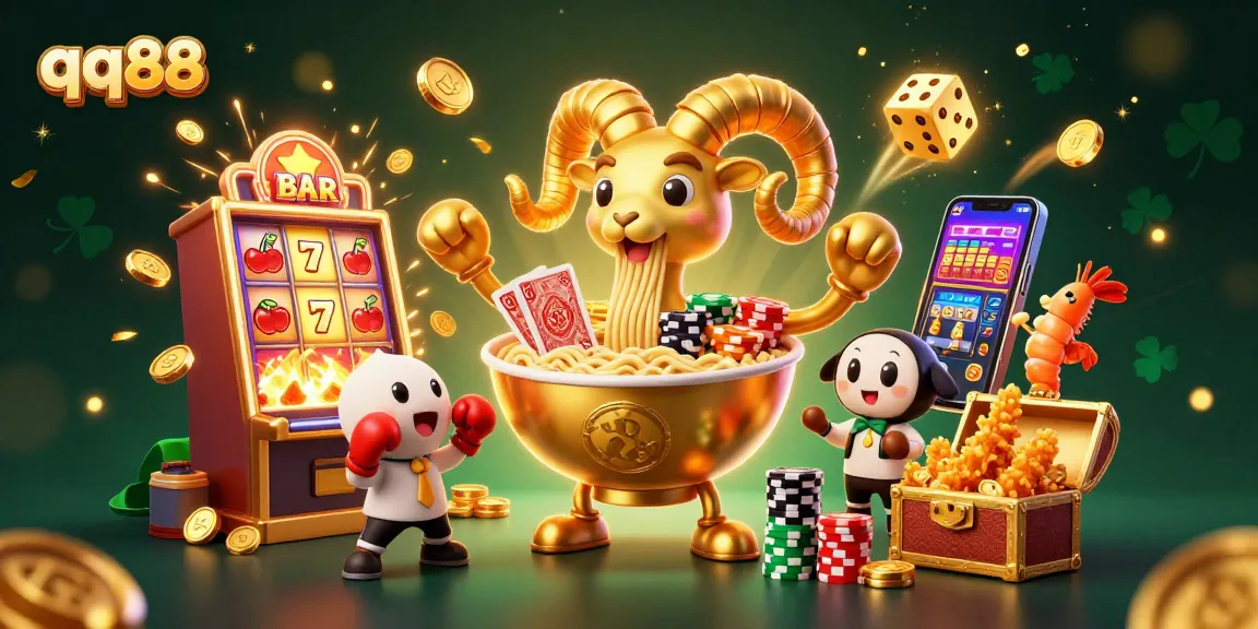 Join the excitement at qq88 with a vibrant 3D scene of a golden ramen bowl dealer and casino elements.