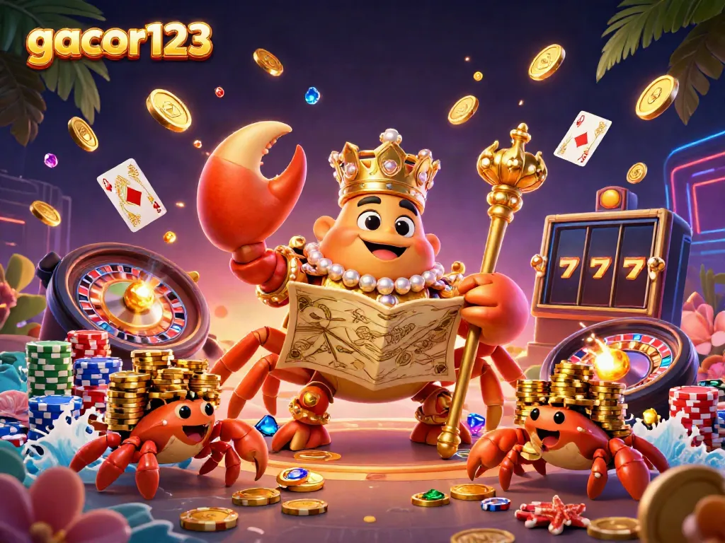 Play thrilling casino games with gacor123, featuring a vibrant 3D crab emperor and golden chips.