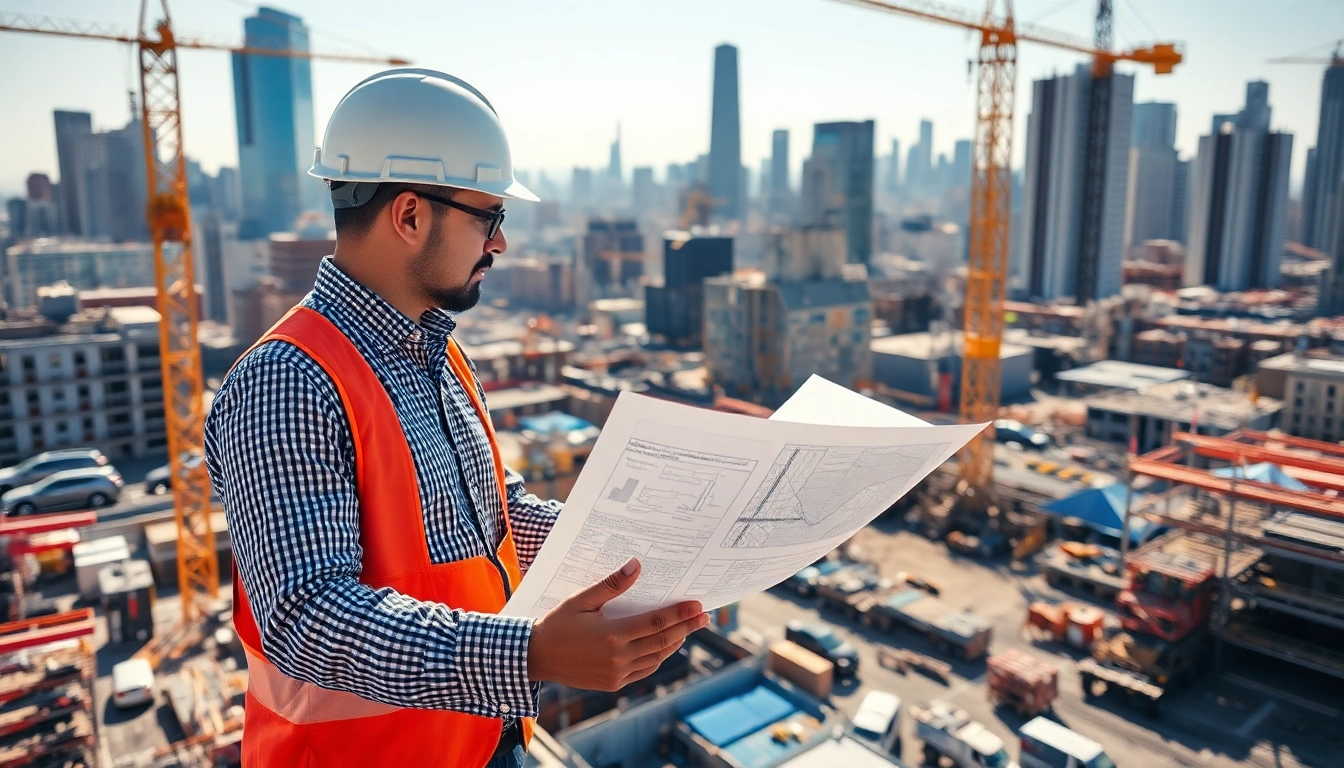 Manhattan Construction Manager orchestrating a busy construction site with blueprints.