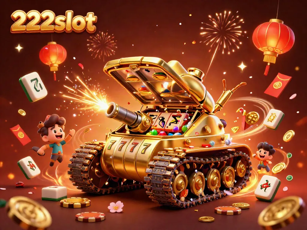 Memenangkan permainan di 222slot dengan tank kasino yang ada di dalamnya, dikelilingi simbol keberuntungan.