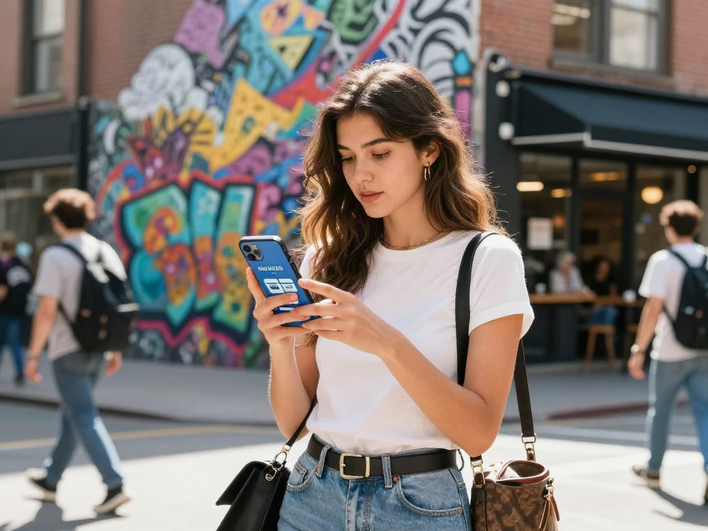 Young woman exploring the app to find out how old do I look on a lively city street.