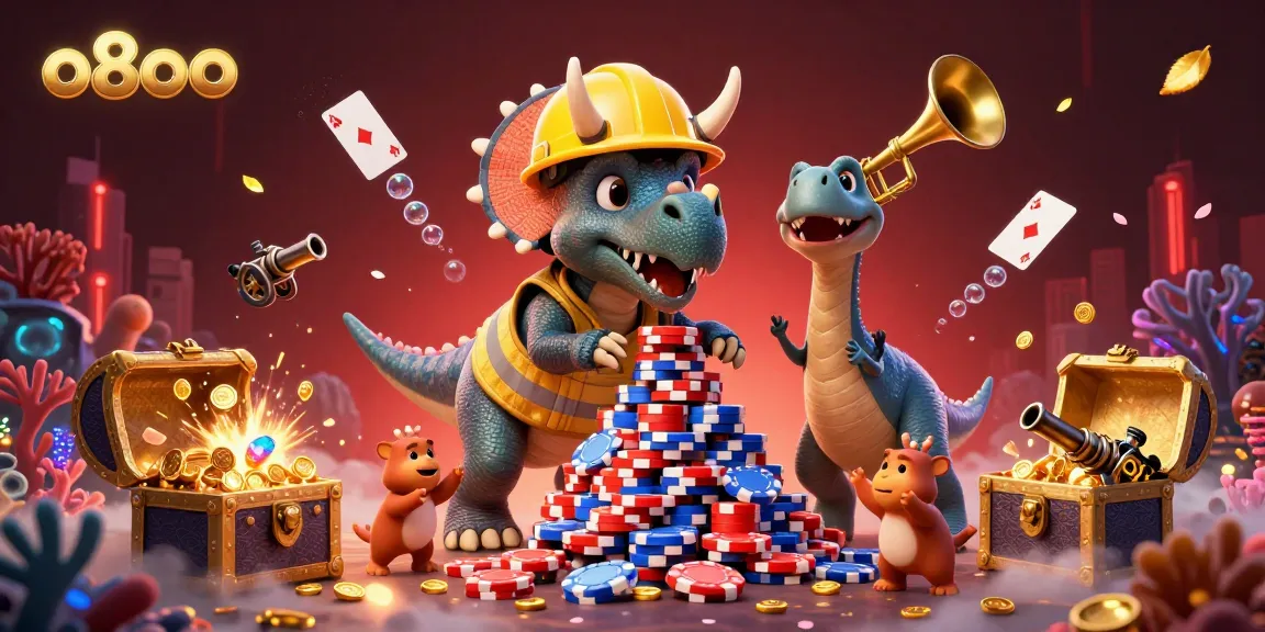 Engage with the exciting world of o8oo as a triceratops builds poker chip pyramids amid underwater treasures in a vibrant casino scene.