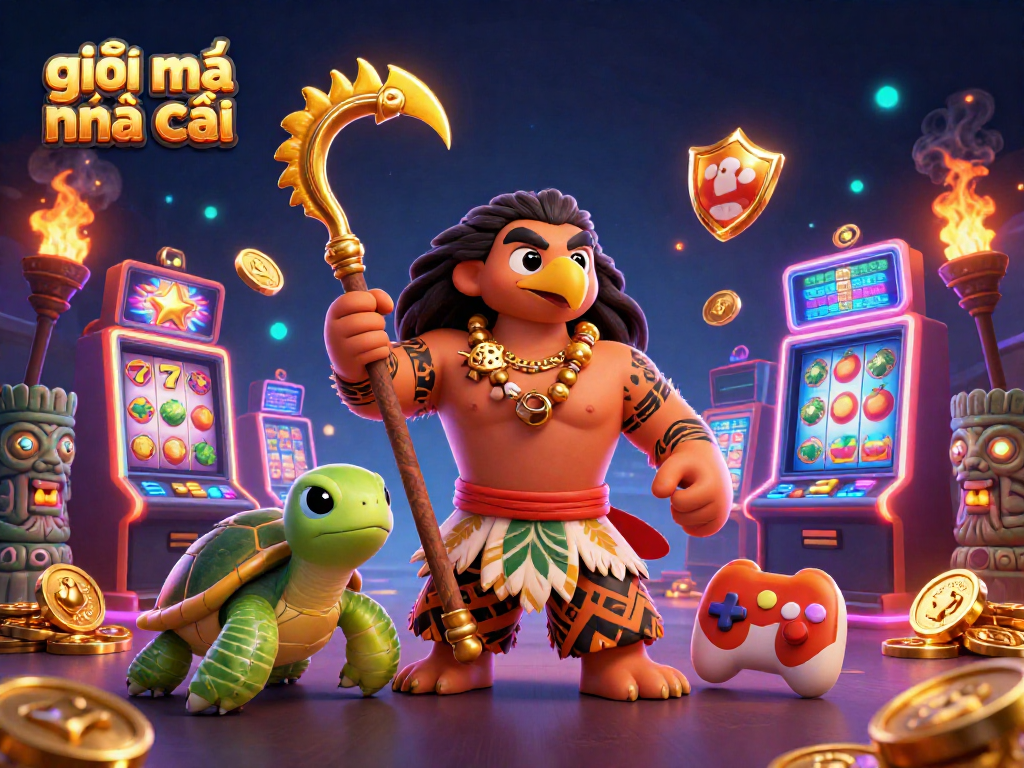 Engage with giải mã nhà cái through a vibrant scene featuring a Polynesian demigod and slot machines.