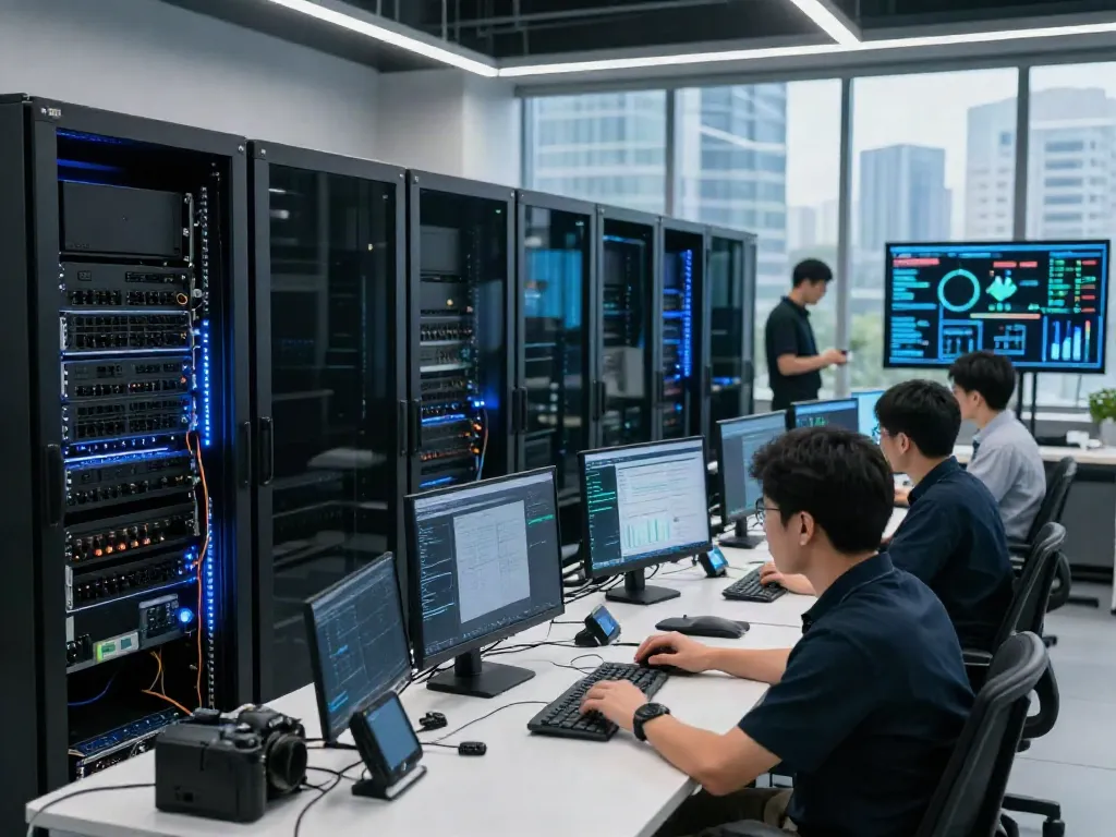 AI inference powering advanced GPU technology in a modern data center with technicians monitoring metrics.