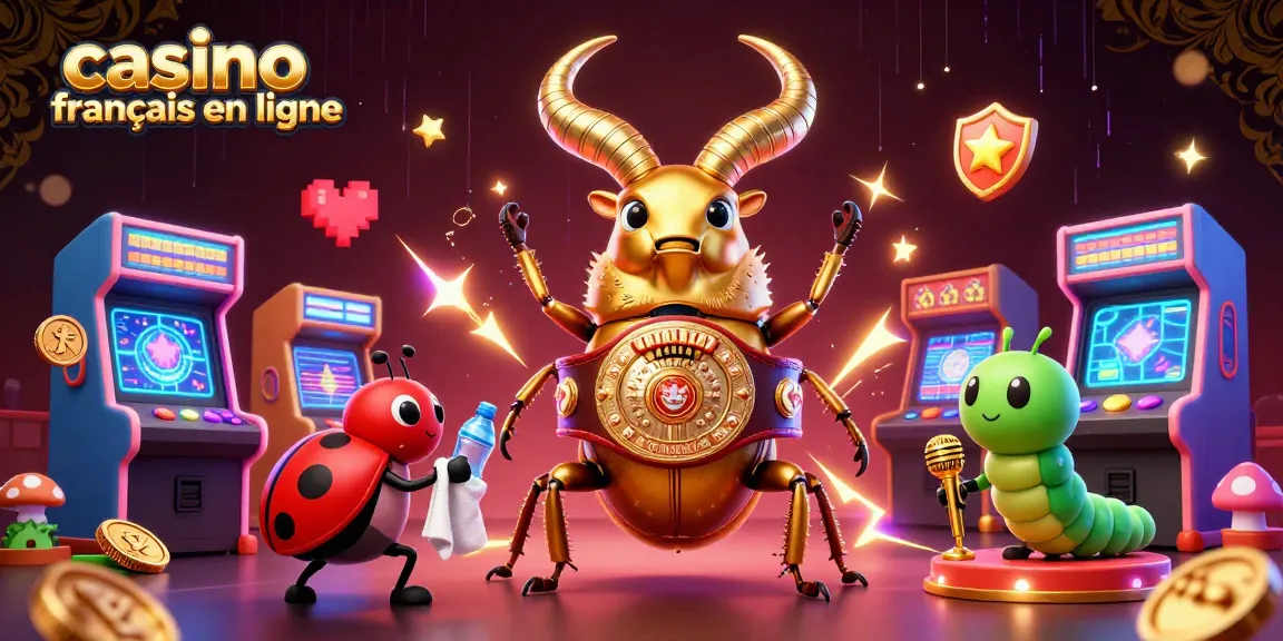 Jouer à casino francais en ligne avec un scarabée doré et un mignon insecte témoin, ambiance dynamique.