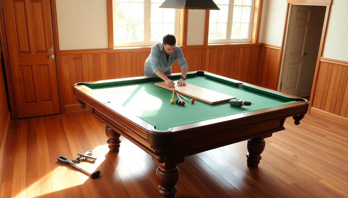 Expert performing Pool Table Disassembly with tools laid out neatly for optimal process.