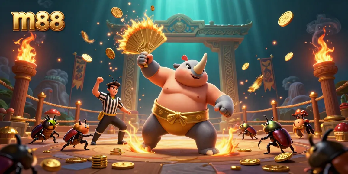 Experience the thrilling action at m88 with a cartoon beetle champion and golden coins flying in a dynamic gambling scene.