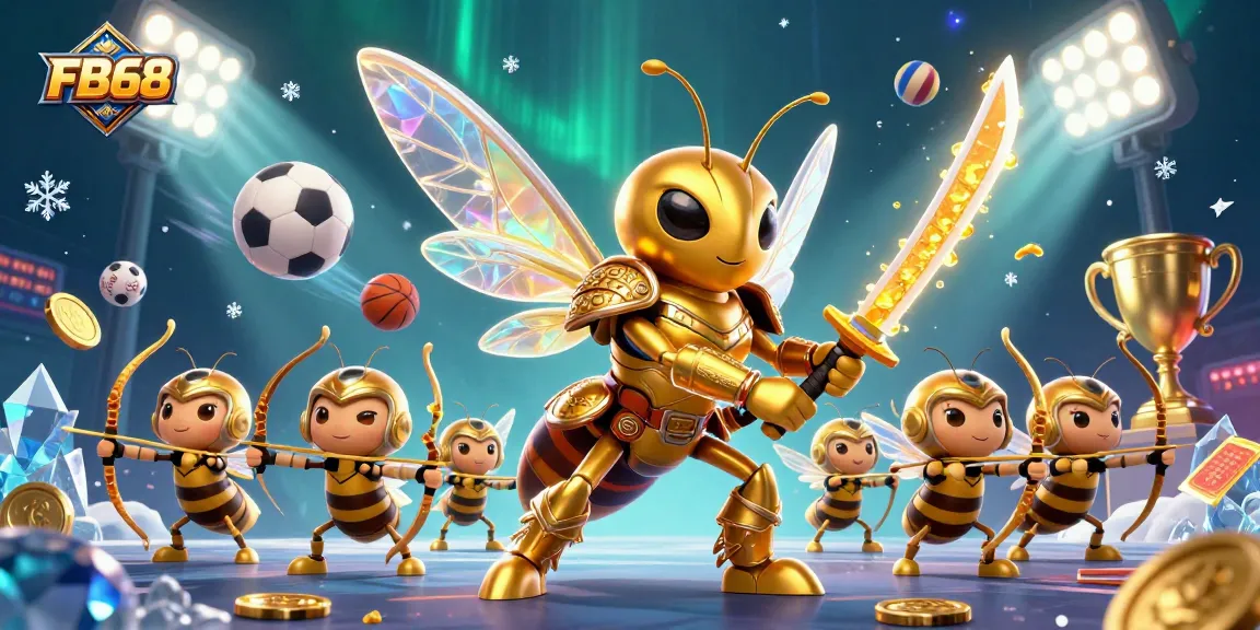 Experience the thrill of winning at FB68 with a dynamic 3D casino illustration featuring vibrant characters and sports elements.