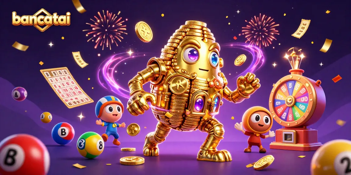 Bancatai illustration showcasing a dynamic 3D casino scene filled with gold coins, colorful lottery balls, and festive elements.
