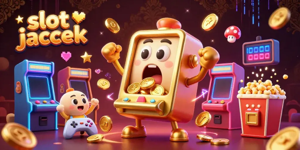 Slot jackpot menampilkan mesin slot emas 3D menang jackpot dengan efek koin yang mengalir, pengalaman kasino yang menyenangkan.