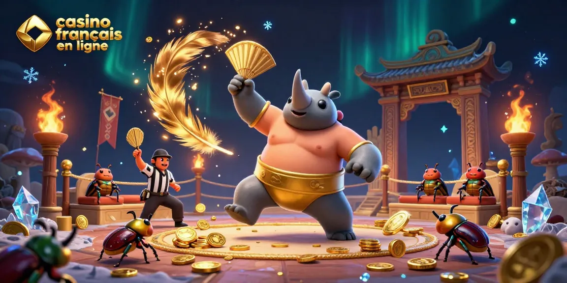 Le casino français en ligne avec un scarabée rhinocéros sumo champion qui fait pleuvoir des pièces d'or et un arbitre grillon.