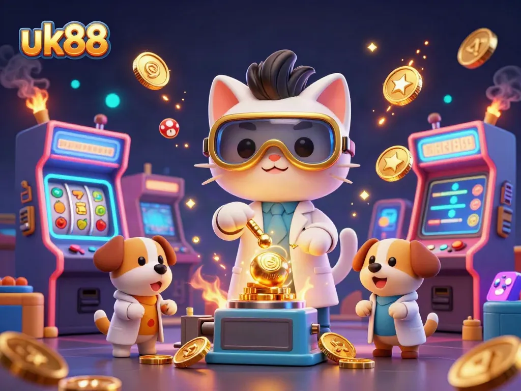 Join the adventure at uk88 with a lively casino scene featuring a mad scientist cat and a dog assistant among arcade game machines.