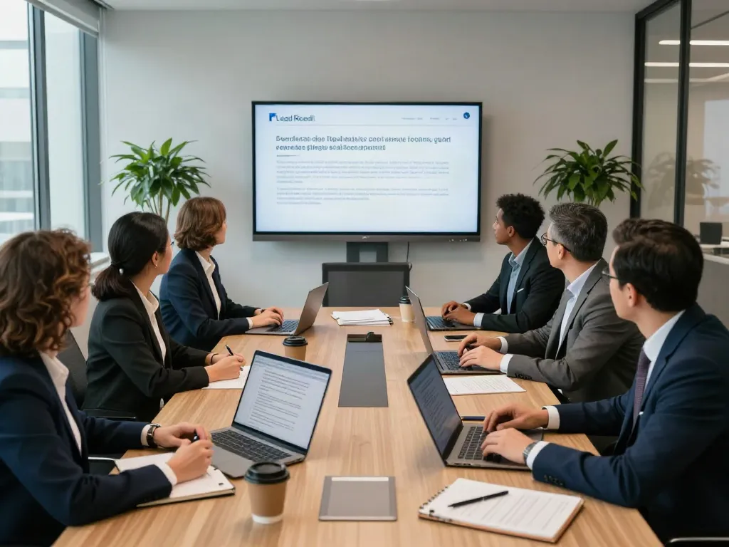 Team of legal advisors discussing strategies at Lead Roedl's modern office.