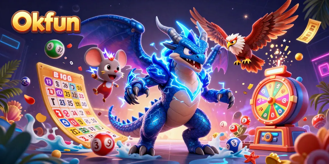 Join the excitement at Okfun with vibrant lottery elements and energetic characters!