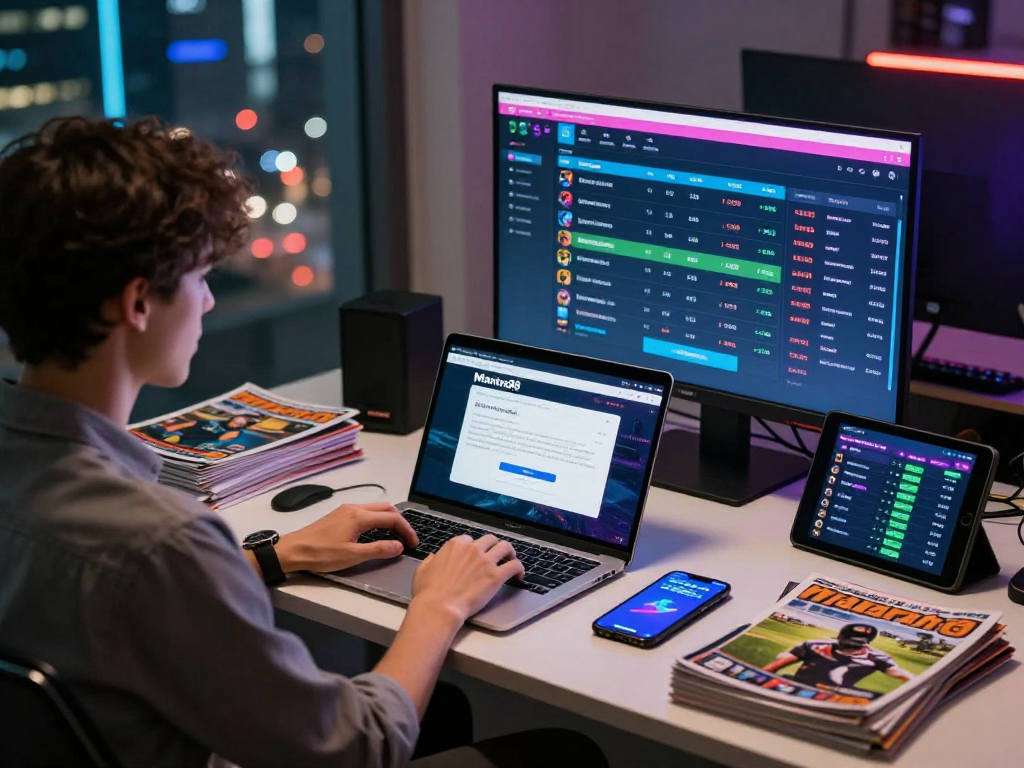 Engaged user at modern desk accessing mantra88 login for online sports betting.