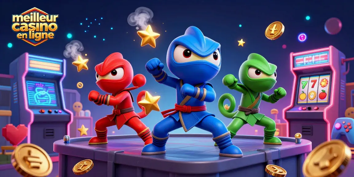 Le meilleur casino en ligne offre une illustration dynamique de caméléons ninjas avec des machines à sous colorées.