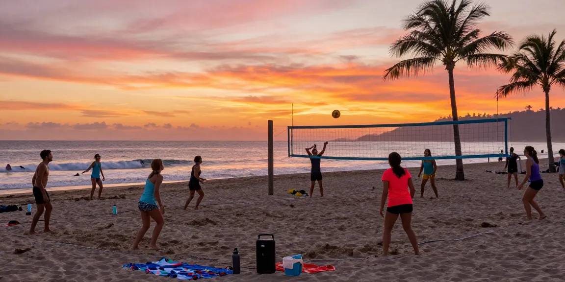 Friends playing beach volleyball at sunset, showcasing vibrant coastal energy and excitement for slot 5k.