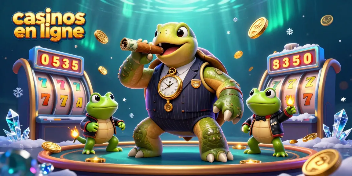 Illustration de casinos en ligne avec une tortue rayée et des grenouilles, ambiance festive.