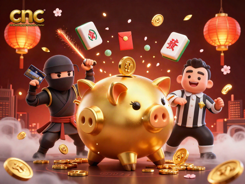 CNC machining parts manufacturer showcases lively 3D illustration featuring a golden piggy bank sumo wrestler amidst vibrant casino elements.