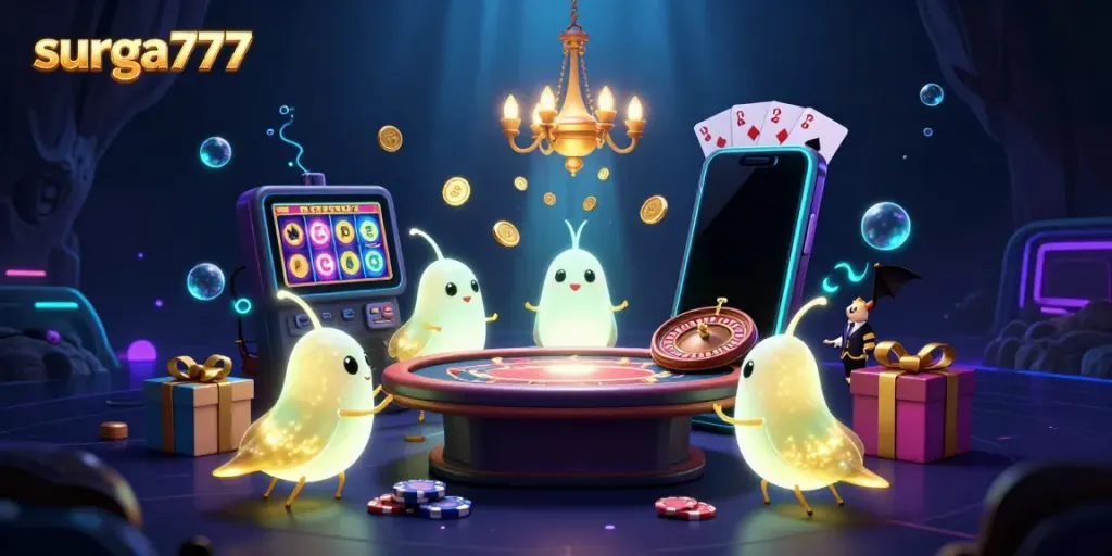 Experience the excitement at surga777 with glowing characters illuminating a vibrant casino scene.