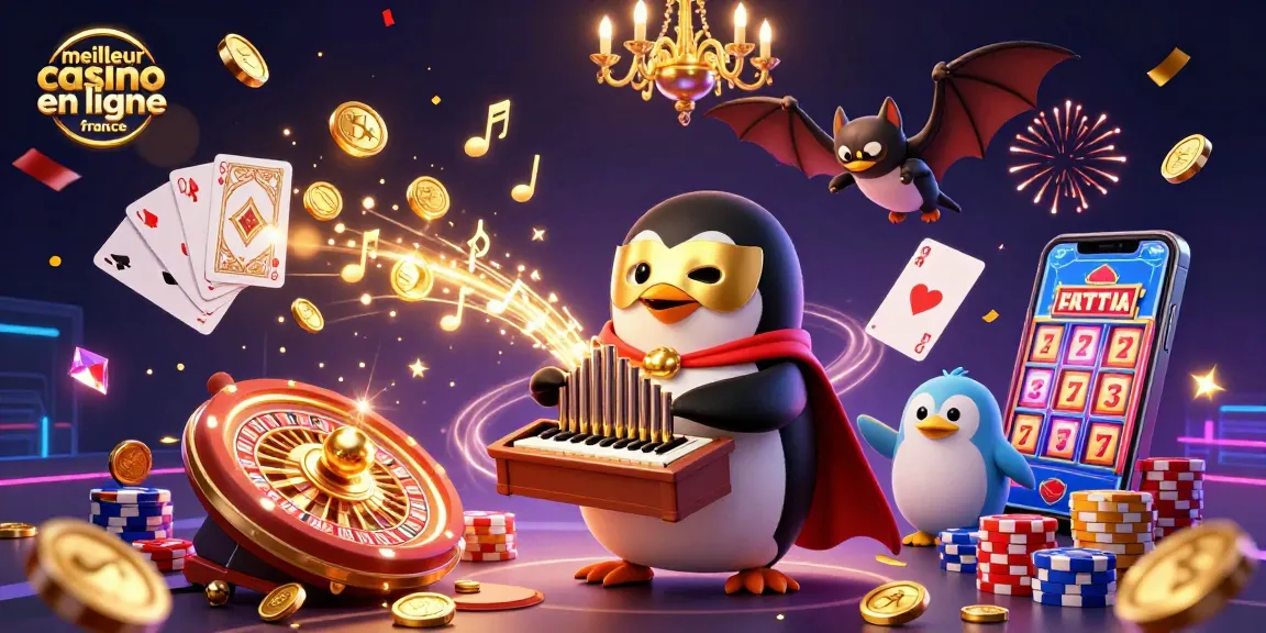 Illustration dynamique représentant le meilleur casino en ligne France avec un pingouin fantôme et des éléments de jeu captivants.