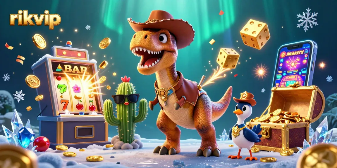 Experience the excitement of rikvip with a vibrant, dynamic 3D casino scene featuring colorful slots and animated characters.