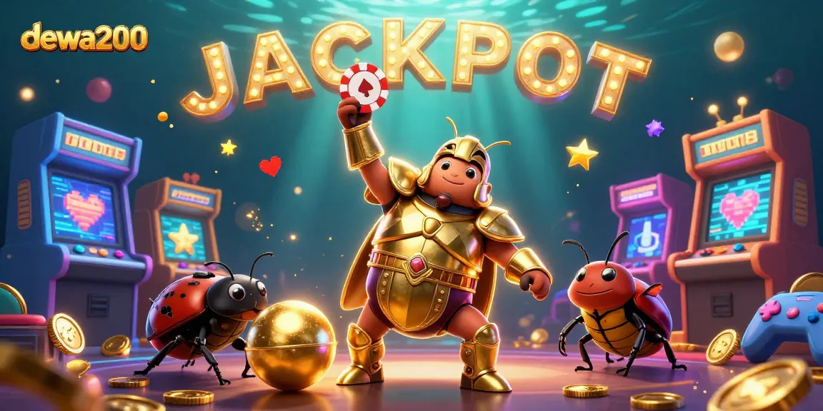 Menghadirkan dewa200 dengan gambar skema jackpot, karakter serangga mengangkat chip poker saat bersuka cita.
