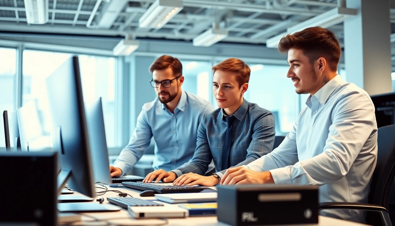 Engaged team providing london business it support in a modern office, highlighting collaboration and technology.