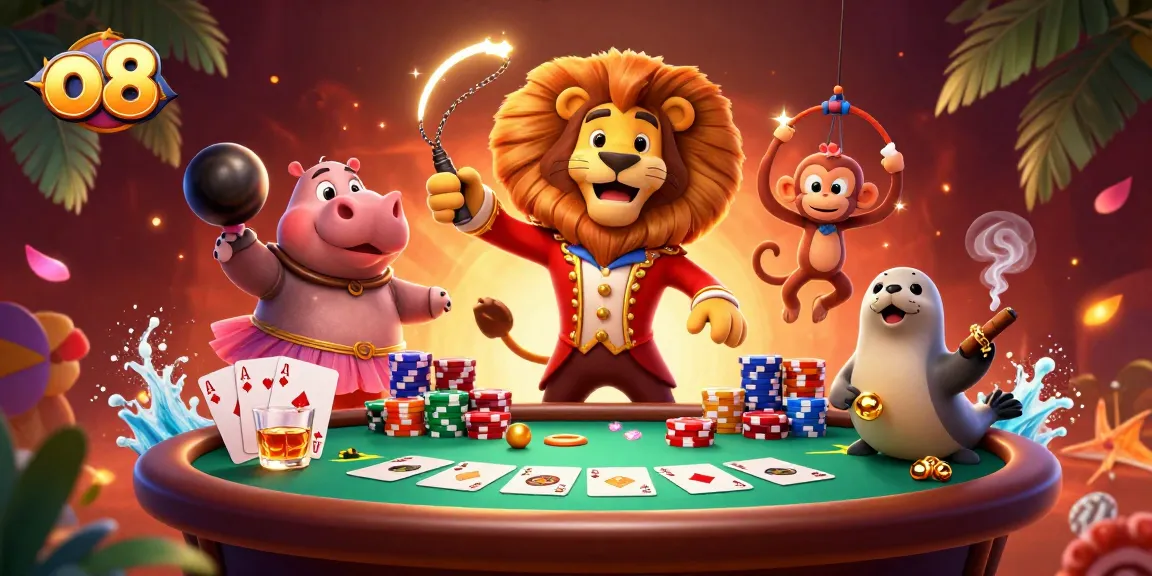 Engage with o8's vibrant casino game scene featuring lively characters and poker elements.