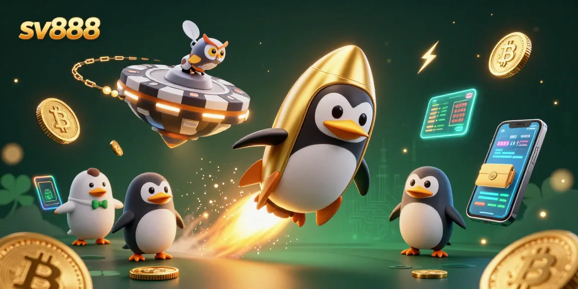 Experience the excitement of sv888 with a golden penguin flying to a casino in space.
